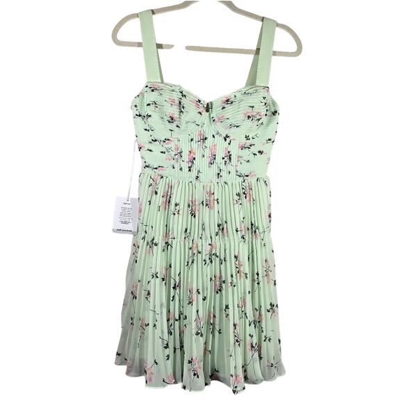 MS Self-Portrait Green Floral Pleat Mini Dress Women Size 2 NWT Sweetheart Cute - Picture 1 of 15